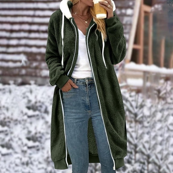 Long Fuzzy Jackets for Women Winter Coats 2025 Full Zip Up Color Blocked Hooded Overcoats with Drawstring Pockets