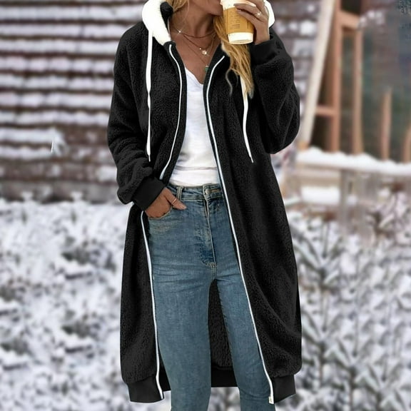 Long Fuzzy Jackets for Women Winter Coats 2025 Full Zip Up Color Blocked Hooded Overcoats with Drawstring Pockets