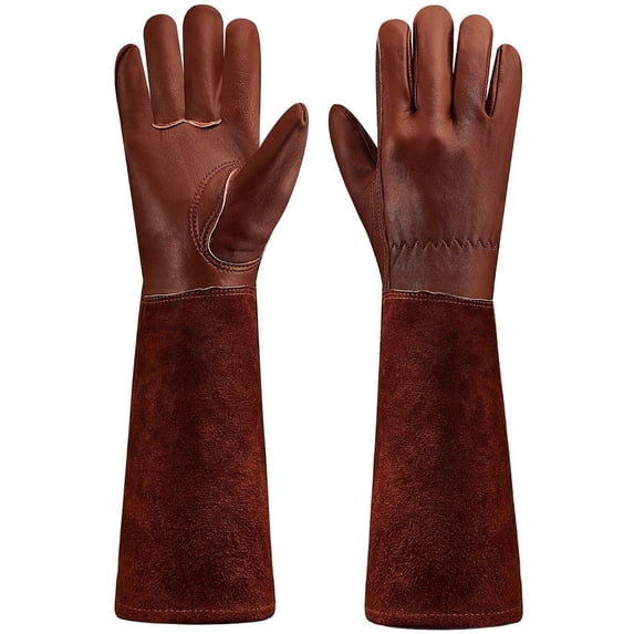 Long-Gardening-Gloves for Women/Men - Thorn Proof Cowhide Leather Rose/Blackberry Pruning Heavy Duty Gloves Thick Palm Gauntlet Garden Work Gloves with Forearm Protection (Brown-X-Large)