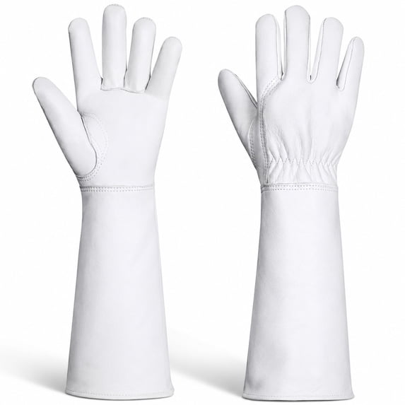 Long-Gardening-Gloves for Women/Men - Thorn Proof Cowhide Leather Rose/Blackberry Pruning Heavy Duty Gloves Thick Palm Gauntlet Garden Work Gloves with Forearm Protection (White-X-Large)