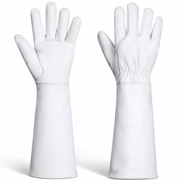 Long-Gardening-Gloves for Women/Men - Thorn Proof Cowhide Leather Rose/Blackberry Pruning Heavy Duty Gloves Thick Palm Gauntlet Garden Work Gloves with Forearm Protection (White-Medium)