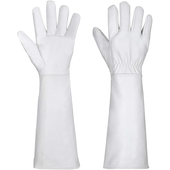Long-Gardening-Gloves for Women/Men - Thorn Proof Cowhide Leather Rose/Blackberry Pruning Heavy Duty Gloves Thick Palm Gauntlet Garden Work Gloves with Forearm Protection (White-Large)
