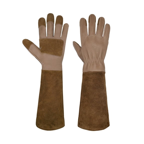 Long Gardening Gloves for Men & Women, Pigskin Leather Rose Pruning Gloves- Breathable & Durable Gauntlet Glove (S, Brown)
