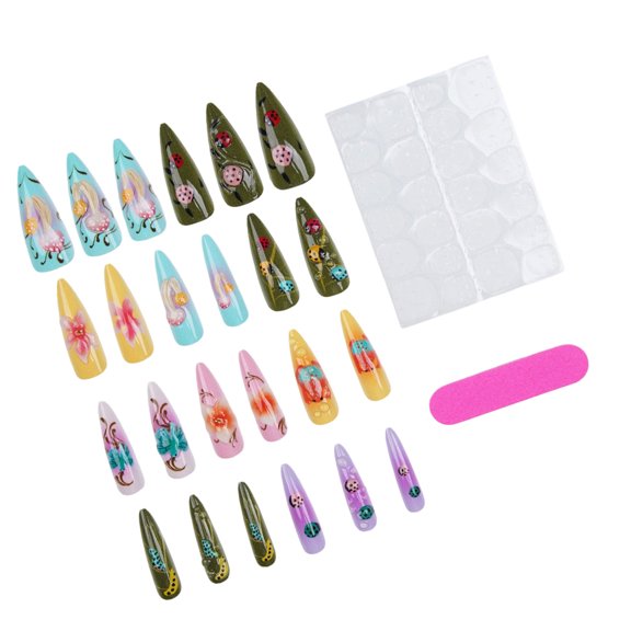 Long Glossy Press On Tips with 3D Frog Flower Mushroom Garden ABS False Nails Set with Adhesive Tabs, File Support, and Daily Wear