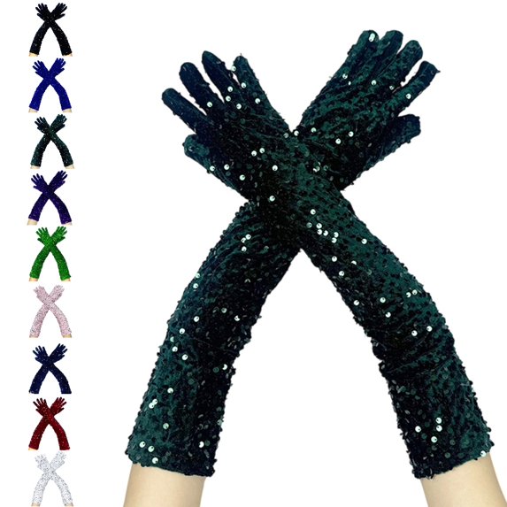 GPOECD Long Gloves Carnival Sleeve Glitter Shiny Details Party Evening Wear Mittens