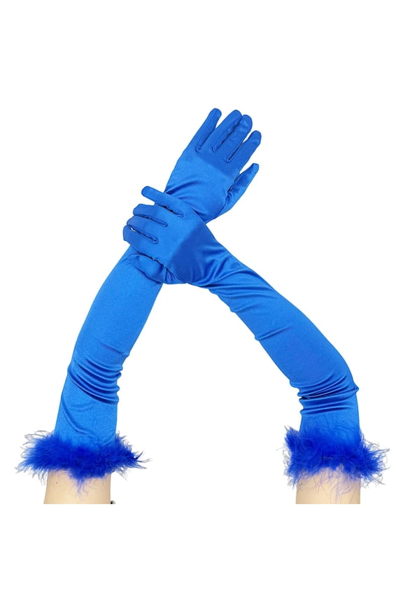 Long Gloves Winter Evening Dresses for Women Tea Party Wedding Faux Fur 1920s Bridal Feathers Gloves Blue