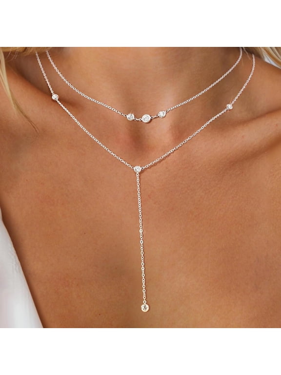Long Gold Necklaces for Women, Dainty Layered Lariat Sterling Silver Plated Y Shaped Necklace Stack Non Tarnish Cross CZ Pendant Long Chain Choker Adjustable Necklaces Jewelry for Vacation Christmas