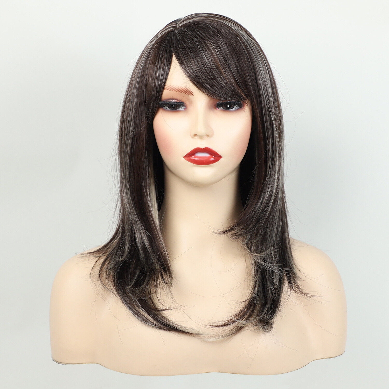 Long Gray Curly Wig with Side Bangs Medium Length Synthetic Hairpiece for Women