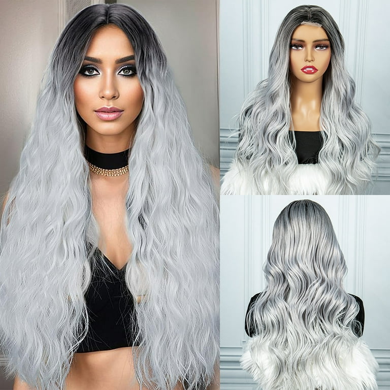 Long Grey Wigs for Women 26 Inch Silver Curly Hair Wig Middle Part Glueless Wig Body Wave Wigs Natural Heat Resistant Synthetic Wig for Daily Party