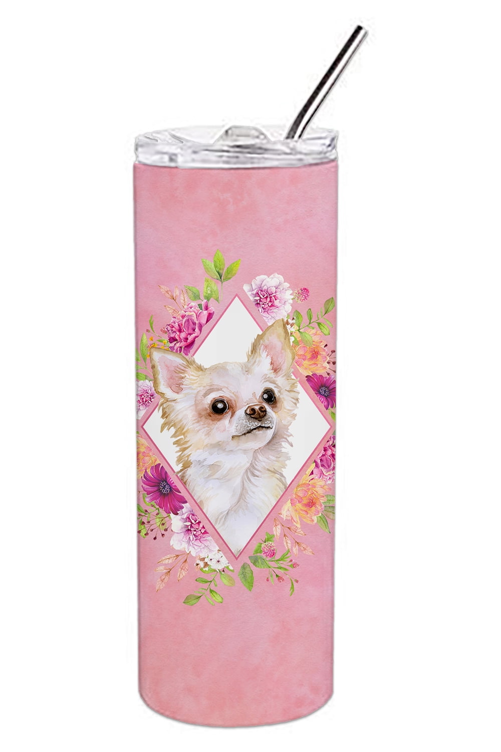 Long Hair Chihuahua Pink Flowers Double Walled Stainless Steel 20 oz Skinny Tumbler
