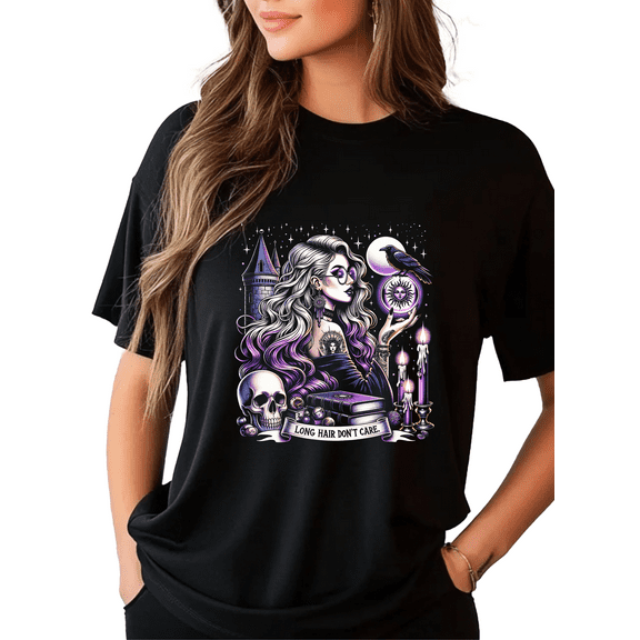Long Hair Don't Care Women's Short Sleeve Graphic T-Shirt 1 Pcs Tee 100% Heavy Cotton - Comfortable Crew Neck, Soft Tees Casual Tops