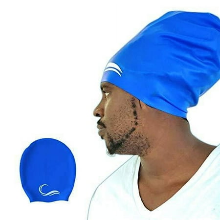 Long Hair Dreadlock Swim Cap - Silicone Swimming L Cap - Waterproof Blue Cap with Extra Pouch , Pool Caps Ideal for Women Men Youth Children.