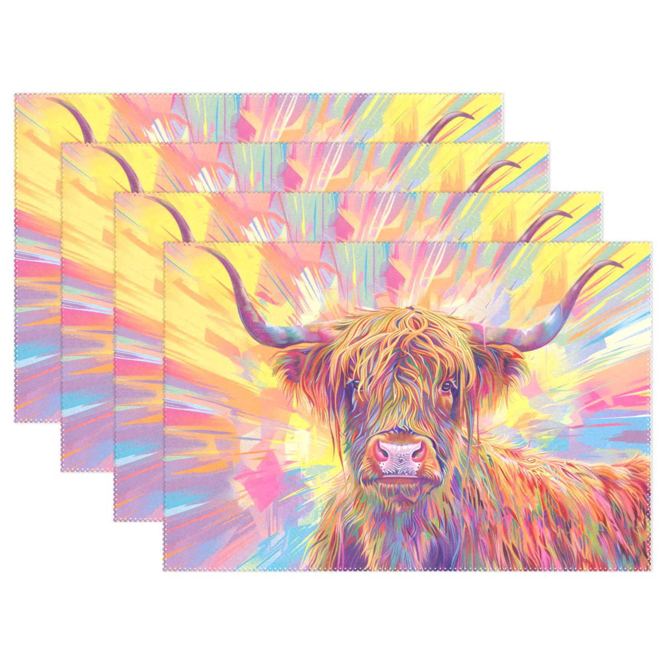 Long Hair Highland Cow Cattle Placemats Set of 4 12x18 inch Table Place