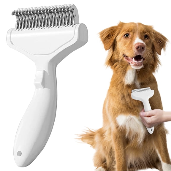 Long Hair Pet Grooming Brush, Dual-Sided Dematting Comb & Undercoat Rake, Deshedding Tool to Clear Tangles, Knots & Loose Fur for Dogs and Cats, White