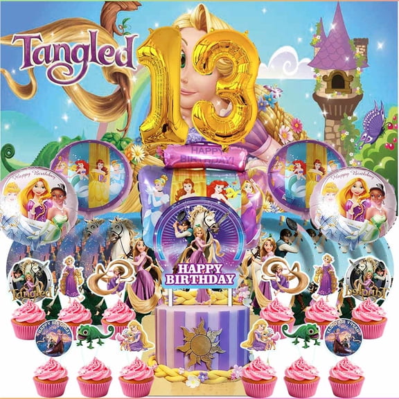 Long Hair Princess 13th Tableware Balloons Cake Toppers Backdrop Banner Supplies Party Decor Plates Decorations