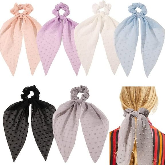 Long Hair Scarf Scrunchies Satin Silk Hair Ribbon Bow Scrunchies for Women Girls, Black Bowknot Hair Ties Bands Elastics Ponytail Holder (6 Pcs )