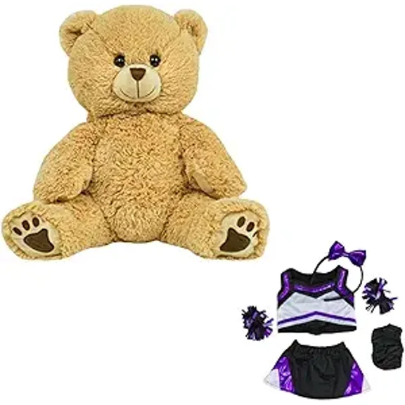 Long Hair Teddy Bear Stuffed Toy Dressed in Metallic Purple & Black Cheerleader Outfit - With Matching Pompoms and Cheer Bow - 16-Inch Cheerleading-Themed Stuffed Animal Gift for Children