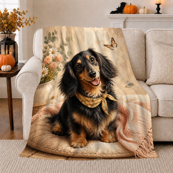 Long-Haired Black and Tan Dog with Flowers and Butterflies Flannel Blanket, Realistic Portrait for Adult Dog Lovers, Birthday Gift Throw Blanket for Living Room or Bedroom in Cream and Peach