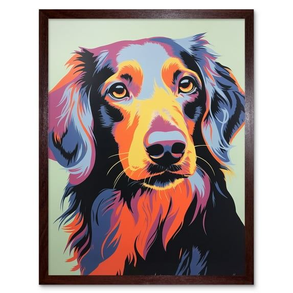 Long Haired Dachshund Dog Colourful Artwork Orange Blue Purple Pet Portrait Cute Art Print Framed Poster Wall Decor 12x16 inch