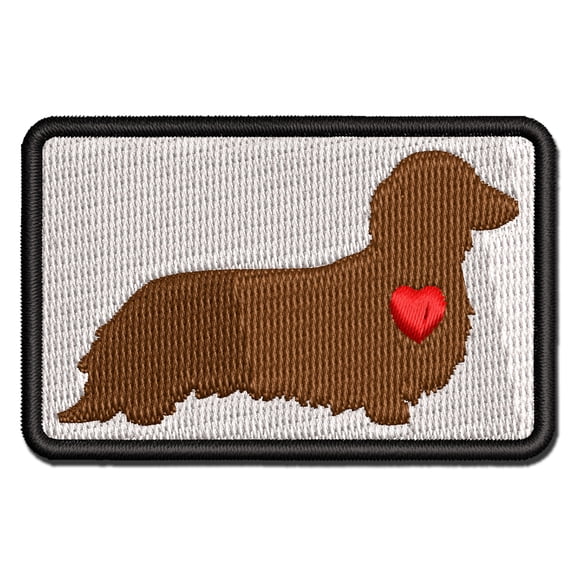 Long Haired Dachshund Dog with Heart Applique Multi-Color Embroidered Iron-On Patch - 2.5 Inch Small