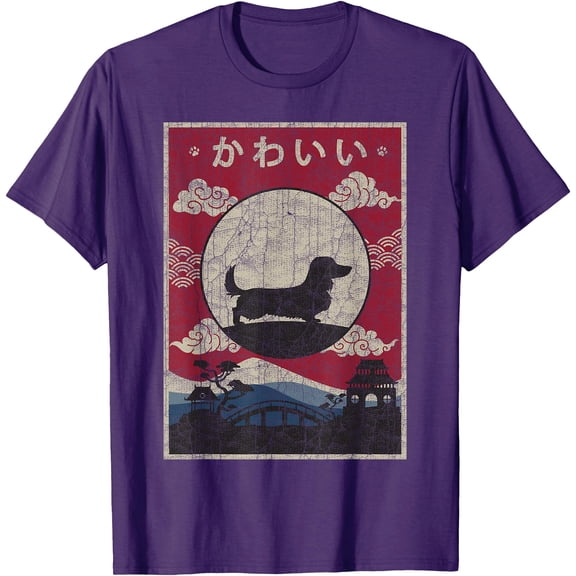 Long Haired Dachshund Japanese Design Kawaii Dog Mom Dad Unisex T-Shirt for Men Women Kids Toddler,Purple Color,Size 2XL
