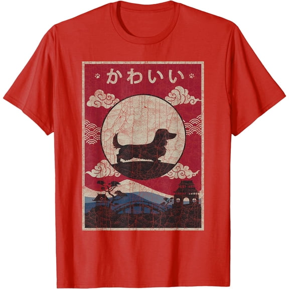 Long Haired Dachshund Japanese Design Kawaii Dog Mom Dad Unisex T-Shirt for Men Women Kids Toddler,Red Color,Size 2XL