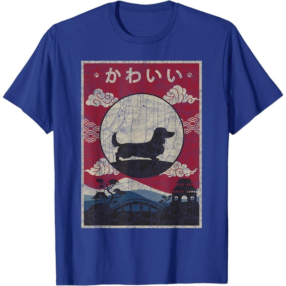 Long Haired Dachshund Japanese Design Kawaii Dog Mom Dad Unisex T-Shirt for Men Women Kids Toddler,Royal Blue Color,Size 2T