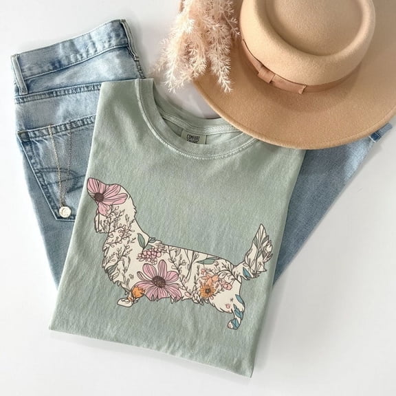 Long Haired Dachshund Shirt, Cottagecore Dachshund Tshirt, Wildflower Wiener Dog Mama Gift, Floral Dachshund Mom Gifts TH260582