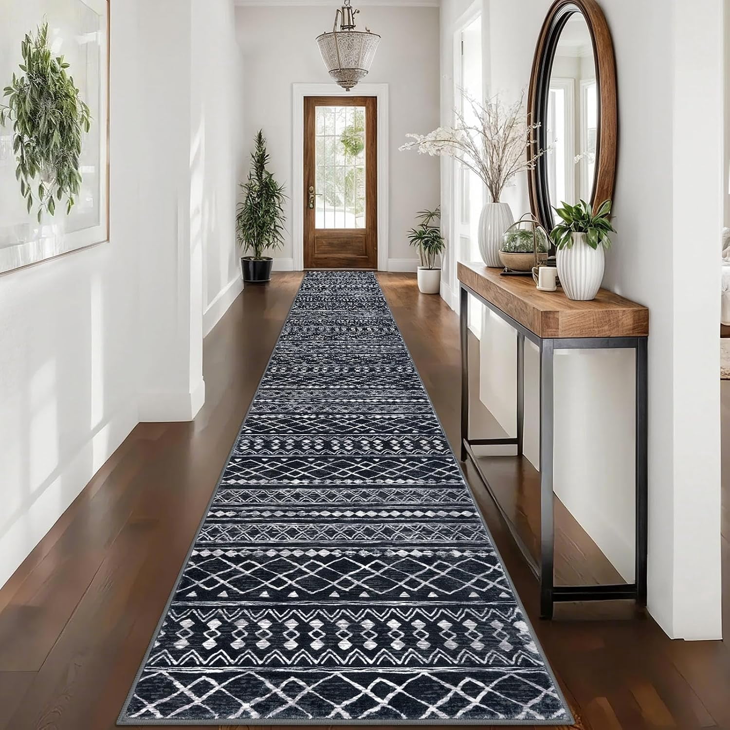 Long Hallway Runner Rug 2.6x16 Washable Moroccan Vintage Black Boho Non ...