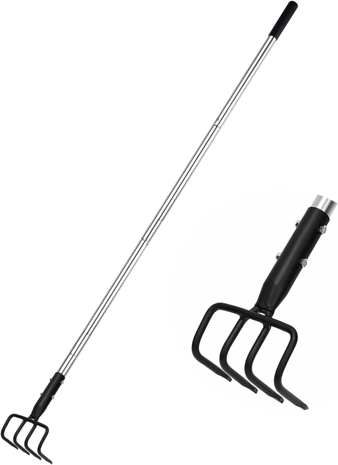 Long Hand Garden Cultivator Carbon Steel Stainless Steel Tiller with Telescopic Handle Soft Grip for Digging Loosening Weeding