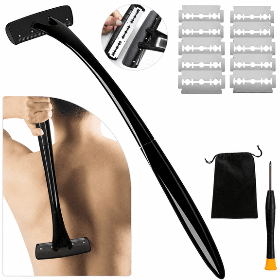 Long Handle Back Razor for Men Full Body Hair Removal Shaver Wet Dry Manual Grooming Trimmer with Stainless Steel Blades Extended Reach Handle Back Hair Shaver Includes 13 Replacement Blades
