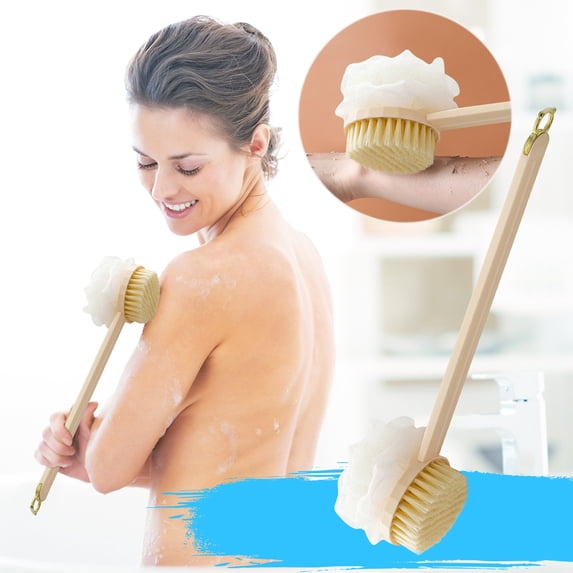 Long Handle Back Scrubber Brush with Soft Bristles | Double-Sided Bath Brush & Exfoliating Loofah Ball | 37 x 8 cm | 1 Piece