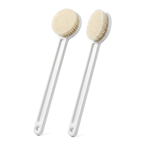 Long Handle Bath Body Brush Set, 2-Pack Japanese Style Back Scrubber with Rich Soft Bristles, 14-Inch Ergonomic Shower Brush for Deep Cleansing and Skin Exfoliating, Soft Cloud White