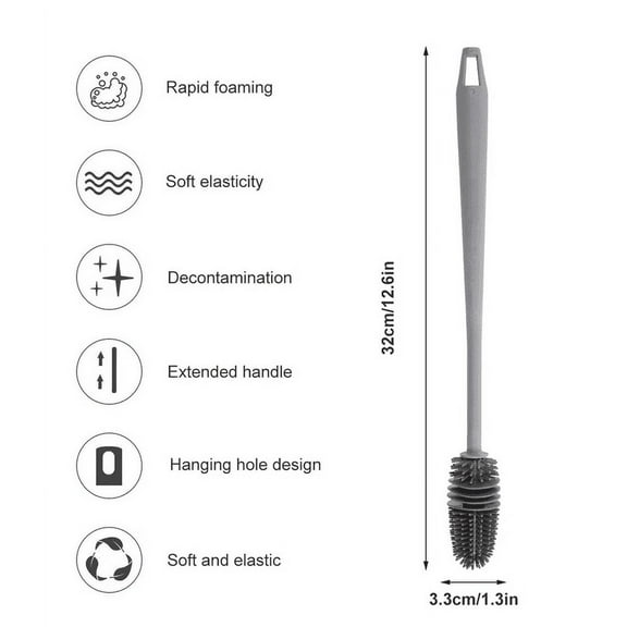Long Handle Bottle Brush, 12.6 Inch Silicone Cup Cleaner, Flexible Scrubbing Brush, for Wine Glasses Water Bottles, 360° Cleaning, Hanging Hole, Durable TPR Material