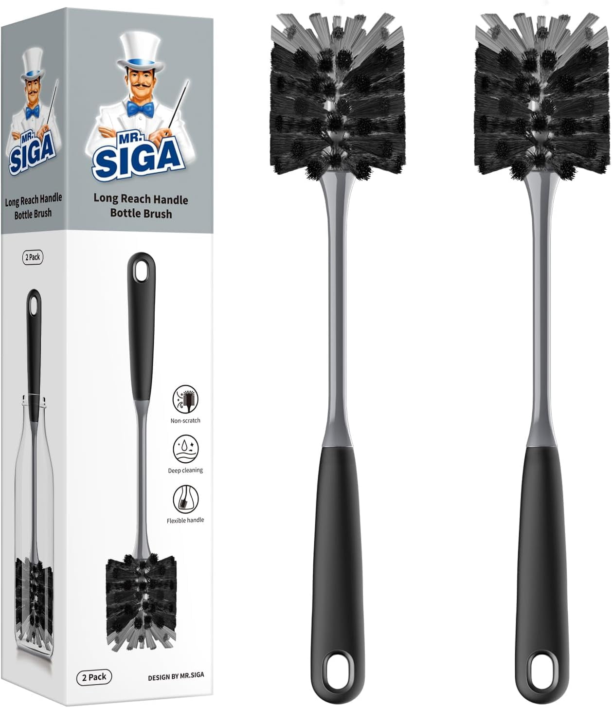 Long Handle Bottle Brush, Flexible Scrub Brush for Water Bottles, Glasswares, Mugs, Black, 2 Pack