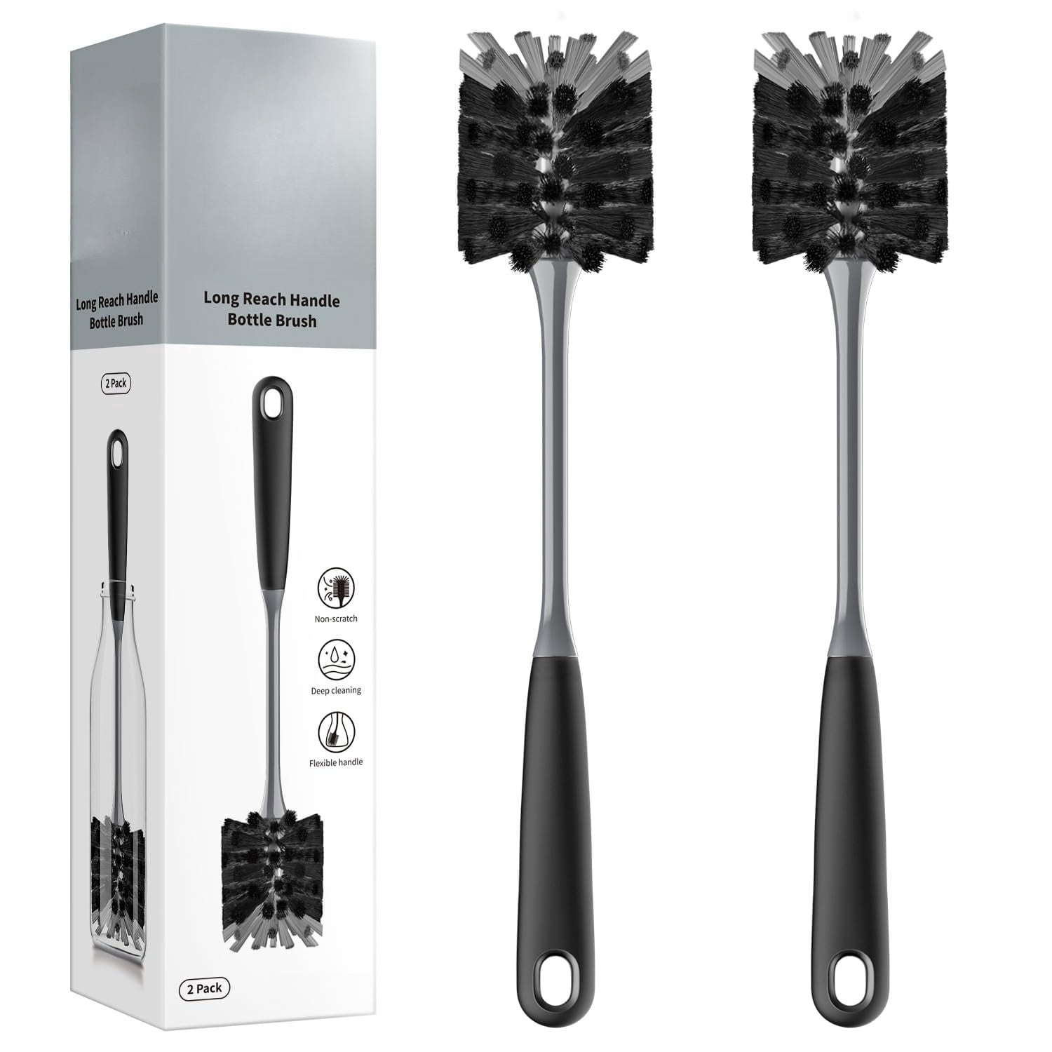 Long Handle Bottle Brush, Flexible Scrub Brush for Water Bottles, Glasswares, Mugs, Black, 2 Pack