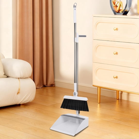 Long Handle Broom and Dustpan Set, Self Cleaning Dustpan with Scraper Teeth, 180 Degree Rotatable Broom for Under Furniture, Stand Up Storage for Home Cleaning