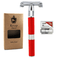 thumbnail image 1 of Long Handle Butterfly Open Safety Razor For Men Women Shave + 5 Double Edge Shaving Blades Red, 1 of 6