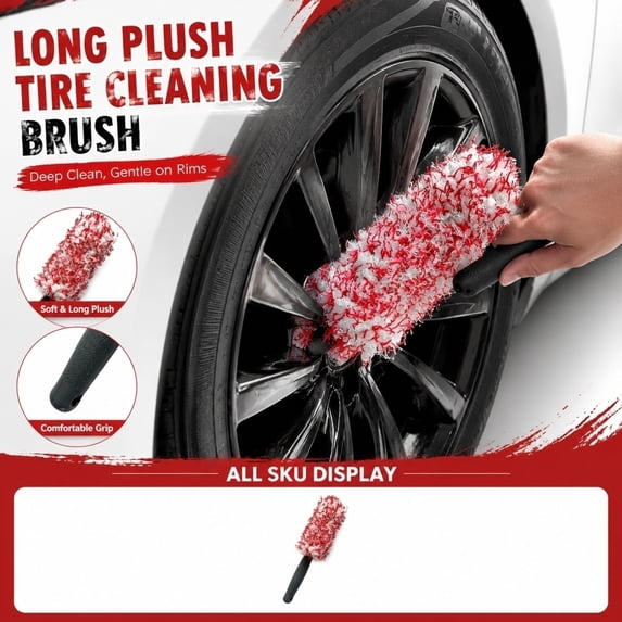 Long Handle Car Tire Cleaning Brush with Plush Microfiber Head Soft Bristles Automotive Wheel Rim Scrubber Tool for Vehicle Maintenance Deep Cleaning Detailing
