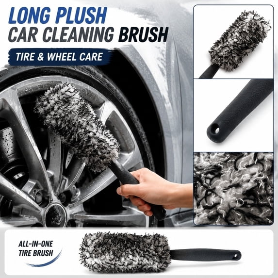 Long Handle Car Tire Cleaning Brush with Plush Microfiber Head Soft Bristles Automotive Wheel Rim Scrubber Tool for Vehicle Maintenance Deep Cleaning Detailing