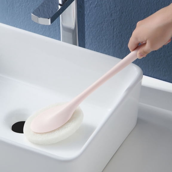 Long Handle Cleaning Brush with Replaceable Sponge Head - 15.7" Kitchen & Bathroom Scrubber for Tiles, Floors, Bathtubs | Pink/White/Gray | Durable Plastic Construction | Hanging Hole Design