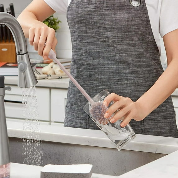 Long Handle Cup Brush - Efficient Tea Stain Remover, 360° No-Dead-Angle Cleaning, Soft Silicoma Sponge Brush for Cups, Mugs, Baby Bottles & Drinkware, Brown