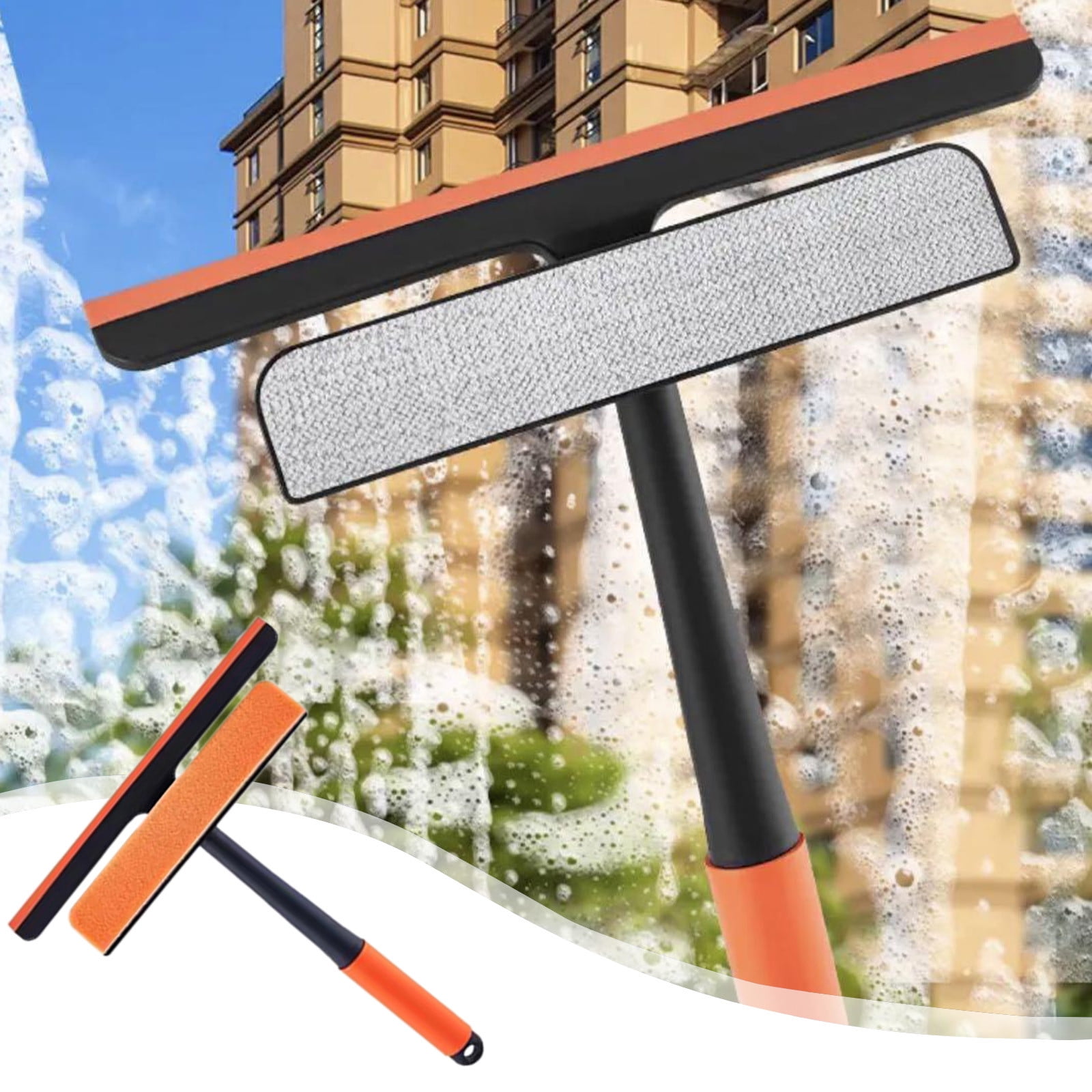 Long Handle Double-Sided Window Cleaner - No Disassembly Glass Wiper for High-Rise Buildings, 33cm Silicone Squeegee for Shower Doors, Mirrors & Car Windows - Orange Plastic Ergonomic Design