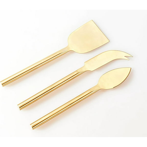 Long Handle Gold Cheese Knife Set of 3 Beautiful Appetizers n Charcuterie Utensils Pronged n Flat & Parmesan Knives
