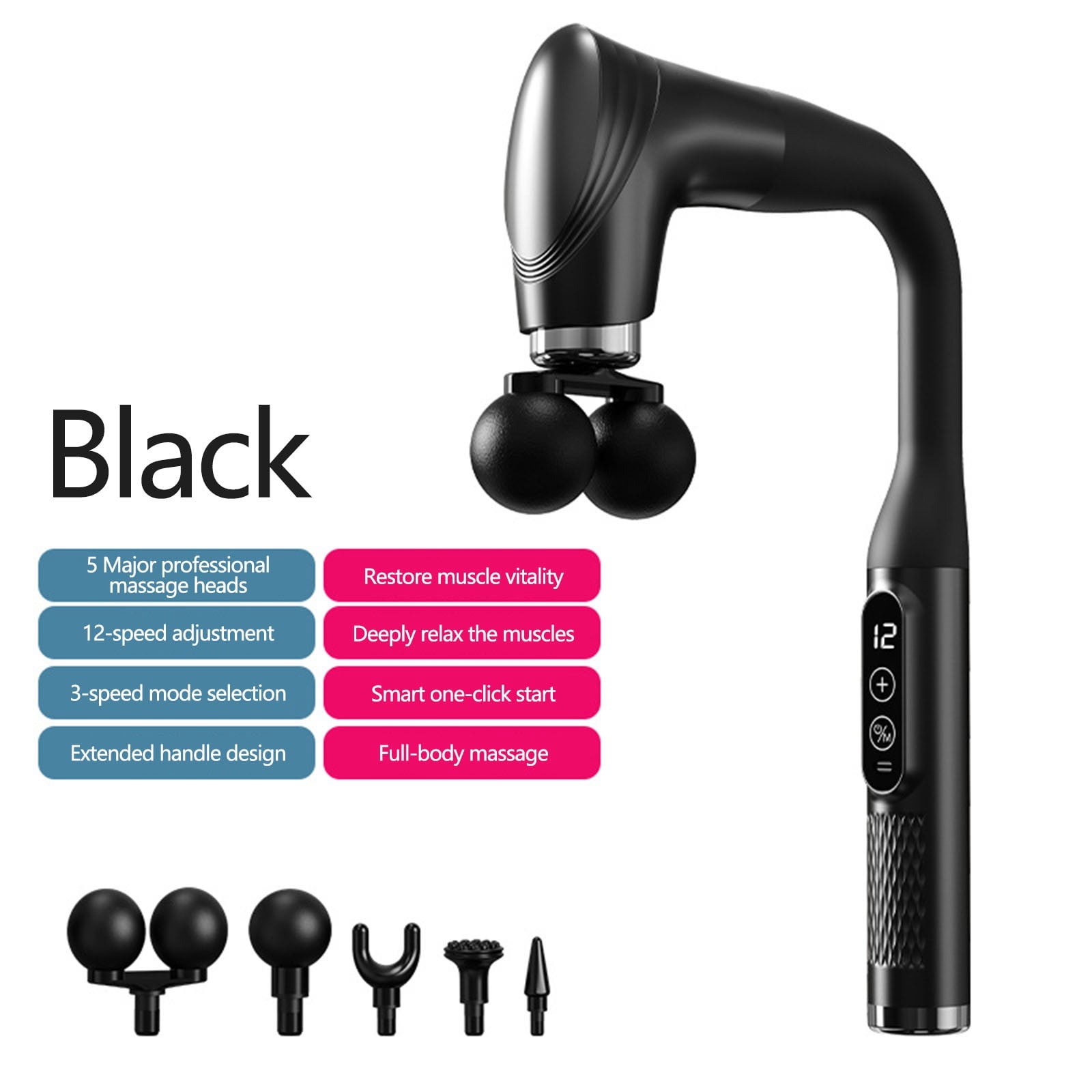 Long Handle Massage Gun for Back and Shoulders, Muscle Massager for Back, Neck, Shoulders, Waist & Legs, U-Shaped Dual Head, 12 Speeds with 5 Heads, Real-Time Mode& Battery, Fitness,Home Sports