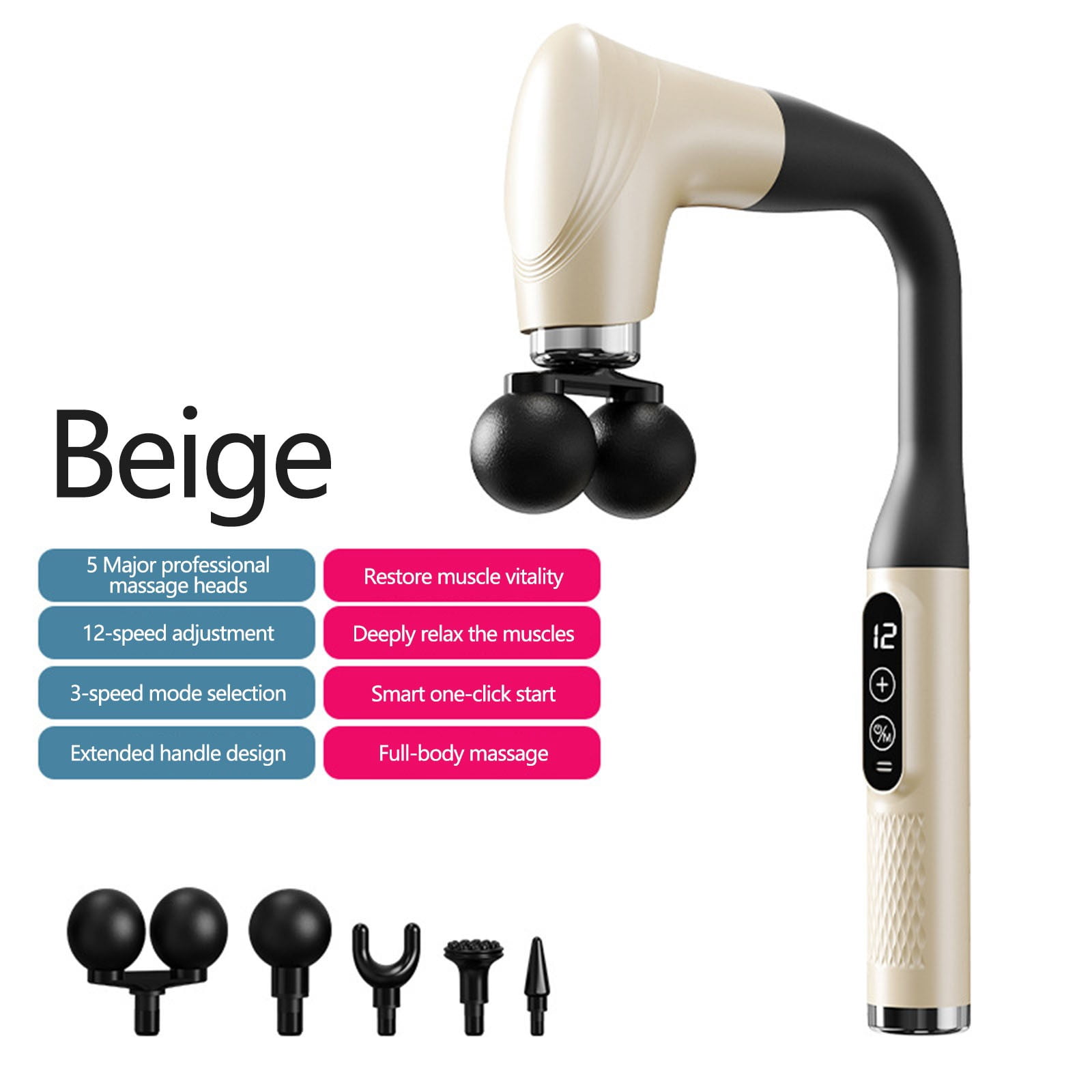 Long Handle Massage Gun for Back and Shoulders, Muscle Massager for Back, Neck, Shoulders, Waist & Legs, U-Shaped Dual Head, 12 Speeds with 5 Heads, Real-Time Mode& Battery, Fitness,Home Sports