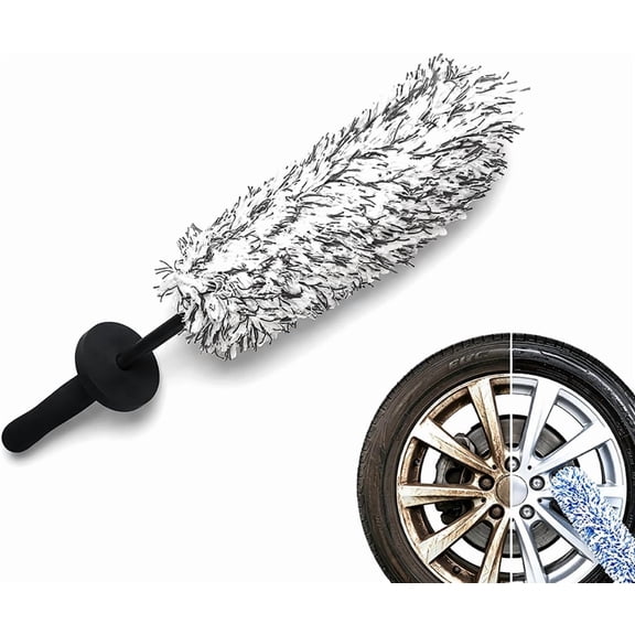 Long Handle Microfiber Wheel Barrel Brush for Car Detailing, Flat Rim Cleaner with Washable Cover for Brake Calipers and Spokes, (1 PC, Black)