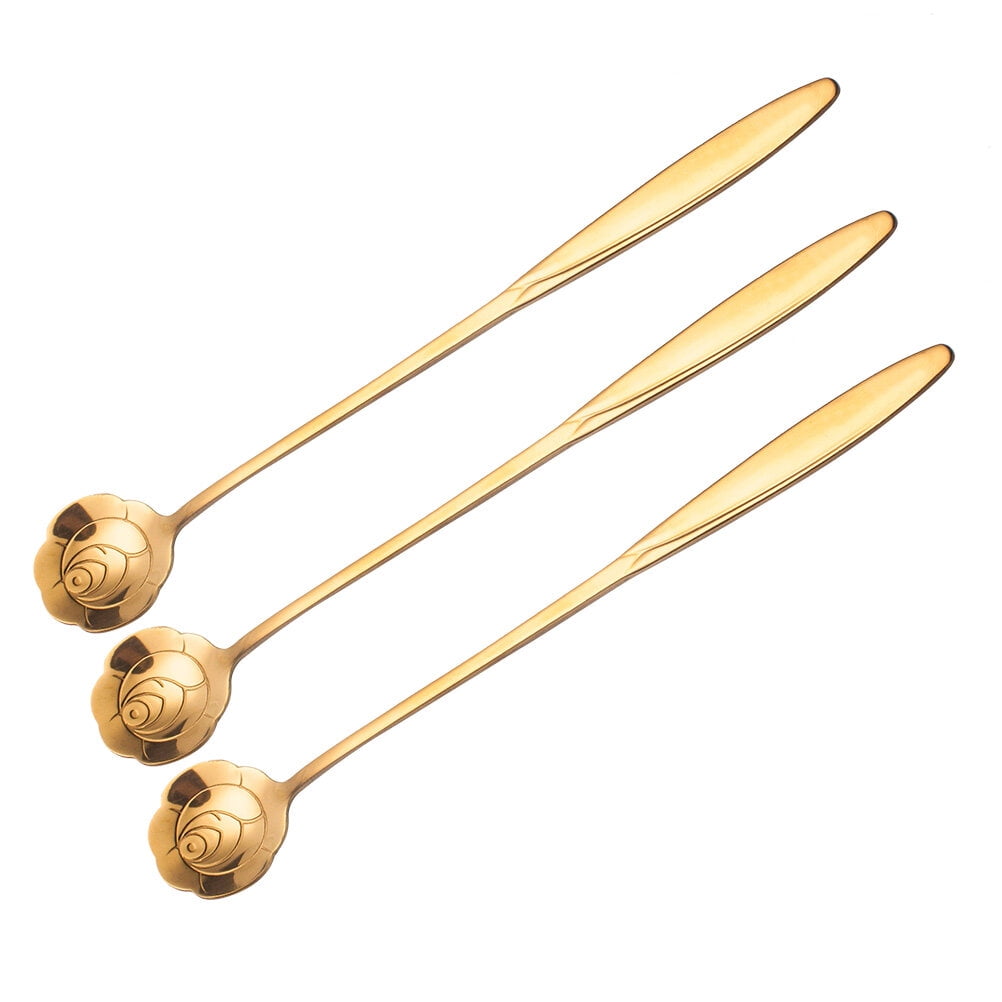 Long Handle Mixing Spoons, 3 Pcs Stainless Steel Spoons Creative Long Handle Cake Spoon Petal