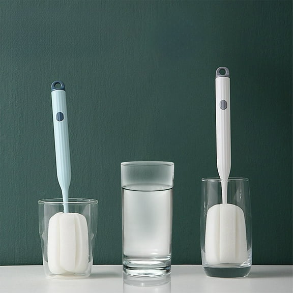 Long Handle Mug and Bottle Brush with Hidden Bristle Brush Head, Dual-Sided Sponge & Nylon Bristles for Baby Bottles, Water Bottles, Straws, Teapots, White/Blue, 27.5cm