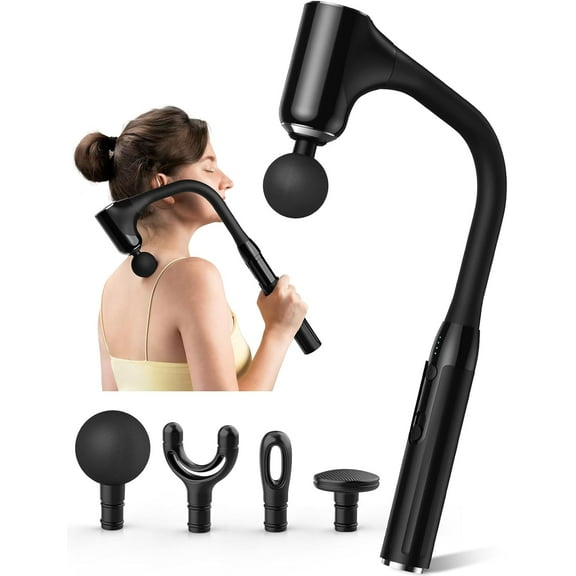 Long Handle Percussion Massager Gun, U-Shaped Back Massager for Hard-to-Reach Areas with 6 Interchangeable Heads for Full Body Muscle Relaxation